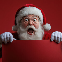 Santa claus looks surprised holding a red banner against a festive backdrop, perfect for ads or promotions. Add text for a personalized message.. Blank poster. Copy space. Mock up