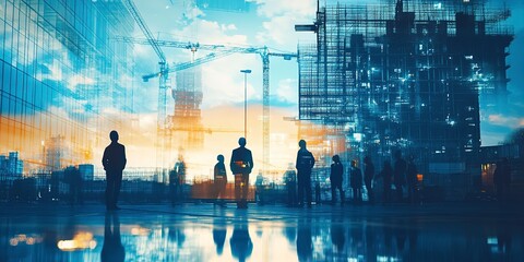 Canvas Print - engineering construction infrastructure ideas concept silhouette of business people standing teamwork together multi exposure with industrial building construction in blue and gray color tone 