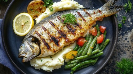 Wall Mural - Top view of a grilled fish dinner with a side of creamy mashed potatoes, sauted green beans, and a slice of lemon.