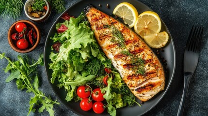 Wall Mural - Top view of a grilled fish platter with lemon and dill seasoning, accompanied by a side of mixed greens and a few cherry tomatoes.