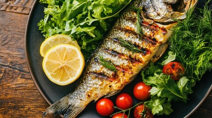 Wall Mural - Top view of a grilled fish platter with lemon and dill seasoning, accompanied by a side of mixed greens and a few cherry tomatoes.