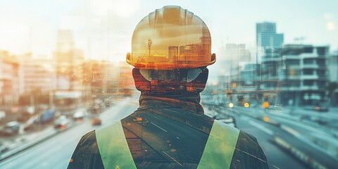 Wall Mural - Double exposure of engineer in safety gear, helmet back view with road construction site