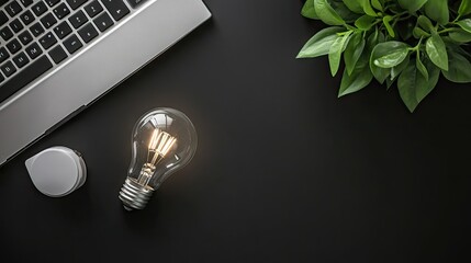 Top view of a light bulb placed on a desk, with a large blank space on the side for copy or branding, perfect for business or tech promotions. -