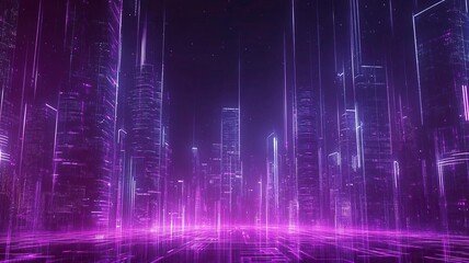 Creative glowing purple night city wallpaper with digital data lines all over. Smart city, VR, AI and innovation concept. generative ai