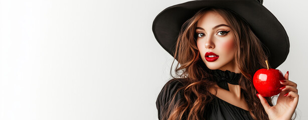 A woman, wearing a black witch's hat and red lipstick, holds an apple against a white background, creating a perfect concept image for Halloween party decorations.

