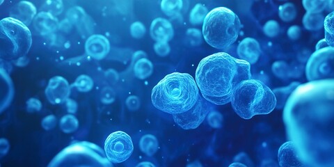 Poster - Close-up of glowing cells in a blue environment, ideal for medical, scientific, or biotechnology content related to cellular research, microbiology, or health sciences 