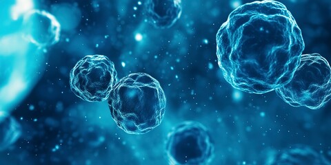 Poster - Close-up of glowing cells in a blue environment, ideal for medical, scientific, or biotechnology content related to cellular research, microbiology, or health sciences 