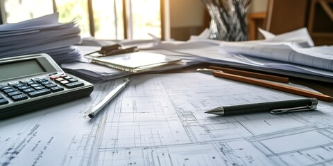 Wall Mural - Close-up of a construction estimator's desk with project blueprints and cost estimates, showcasing a job in construction estimation  