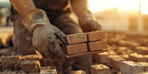 Close up of industrial bricklayer installing bricks on construction site .   