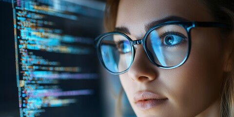 Wall Mural - Close up face of professional it specialist female wear glasses using device writing code computer network maintenance.  