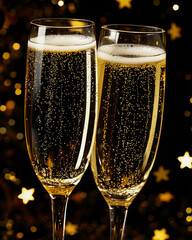 Two champagne glasses filled with sparkling wine against a festive bokeh background