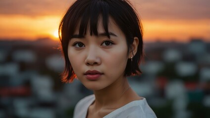 Short-haired Asian girl by a vibrant sunset.