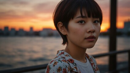 Short-haired Asian girl by a vibrant sunset.