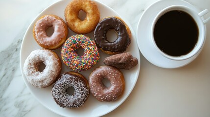 Top view of a variety of donuts, including glazed, chocolate, and sprinkles, arranged on a white plate with a coffee cup on the side.