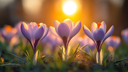 Wall Mural - Three purple crocuses bloom in a field at sunset, with the sun shining brightly behind them.