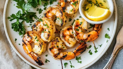 Wall Mural - Top view of perfectly grilled shrimp arranged on a white plate, garnished with fresh herbs and lemon wedges, served with a side of dipping sauce.