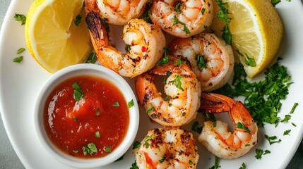 Wall Mural - Top view of perfectly grilled shrimp arranged on a white plate, garnished with fresh herbs and lemon wedges, served with a side of dipping sauce.