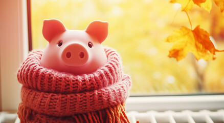 A piggy bank wrapped in a knitted scarf sits by a window with autumn leaves, symbolizing savings and warmth during fall.