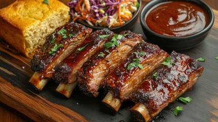 Wall Mural - Top view of succulent roasted pork ribs glazed with barbecue sauce, garnished with fresh herbs, and served with a side of coleslaw and cornbread.