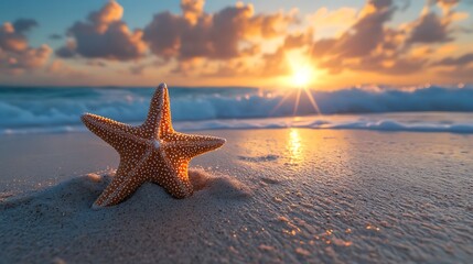 Sticker - A starfish sits on a sandy beach at sunset with the ocean waves crashing behind it.