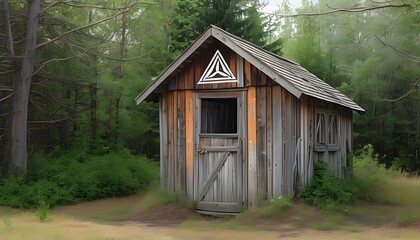 Wall Mural - Weathered wooden shed adorned with a triangle symbol, nestled in a tranquil rural landscape