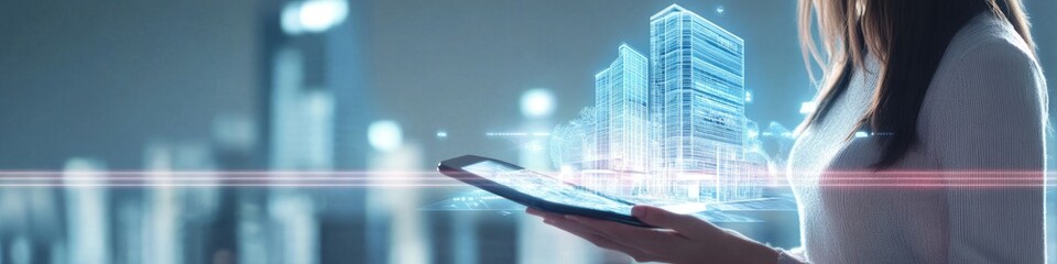 Digital tablet used by a woman with a hologram of a modern building. Real estate business and building technology concept