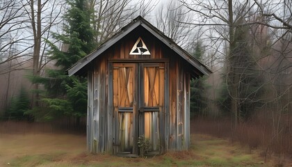 Wall Mural - Weathered wooden shed adorned with a triangle symbol, nestled in a tranquil rural landscape