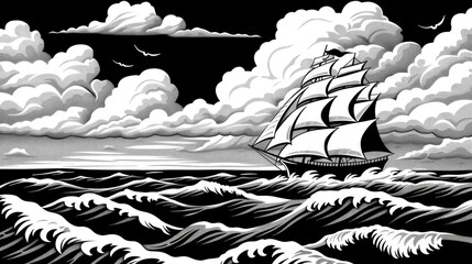 stylized black and white illustration of a pirate ship with intricate details.