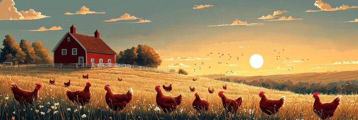 Wall Mural - Chickens roam a field at sunset, with a red barn in the background.