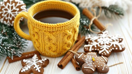 Wall Mural - A yellow knitted mug with coffee inside