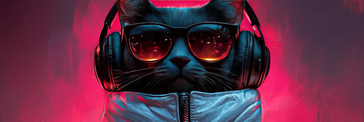 Canvas Print - Cool black cat wearing sunglasses and headphones.