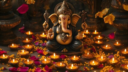 Ornate Ganesha Idol Surrounded by Diya Lamps Representing Light and Wisdom