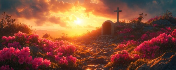 Poster - Sunset with a Cross on a Mountain