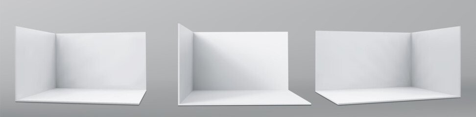 Vector 3D exhibition booth. Showroom. Square corner. Empty geometric square. Blank box template. White blank exhibition stand. Presentation event room.