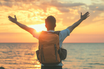 Confident man with backpack with arms up relaxing at sunset seaside during a trip