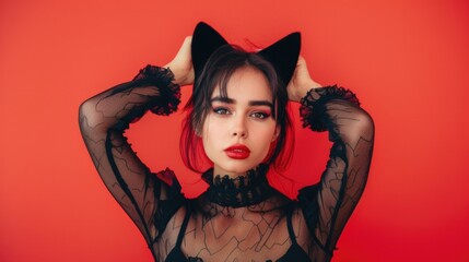 Poster - Playful woman with black cat ears on red backdrop, festive greeting card.