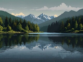 Poster - Tranquil river and forest with mountains behind – vector.