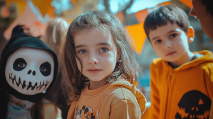 Children celebrate halloween. Holidays and traditions costumes with autumn colors.