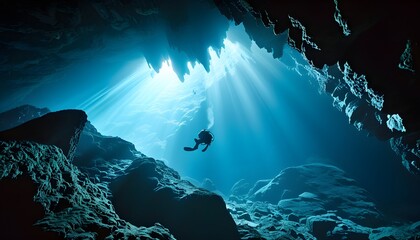 Mysterious underwater cave exploration with a diver silhouette and dramatic lighting revealing intricate rock formations