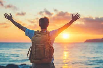 Confident man with backpack with arms up relaxing at sunset seaside during a trip