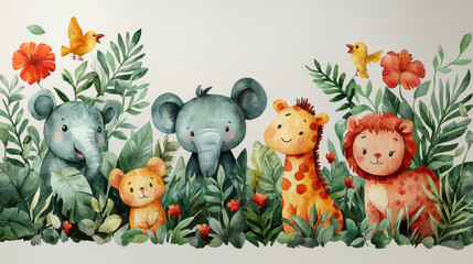 Wall Mural - Cute watercolor illustration of jungle animals