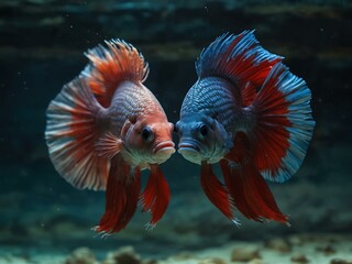 Wall Mural - Two Siamese fighting fish kissing.