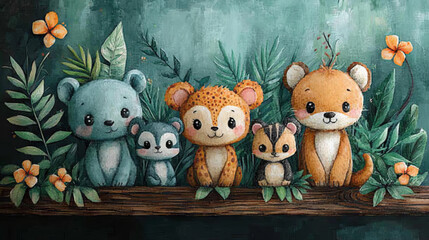 Poster - Cute cartoon animals sitting on a log in a jungle setting.