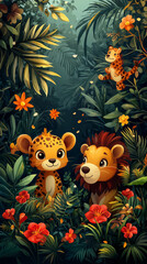 Wall Mural - Two cute jungle cubs hiding in the foliage.