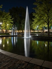 Poster - Urban park with a water feature illuminated at night.