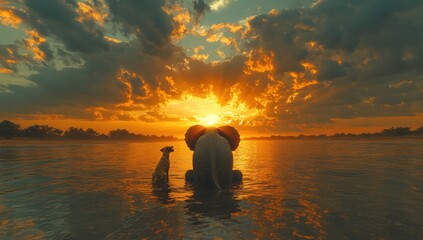 Canvas Print - Elephant and Dog at Sunset