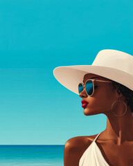 A woman enjoying a sunny day at the beach wearing sunglasses and a large white hat near the calm ocean under a clear blue sky