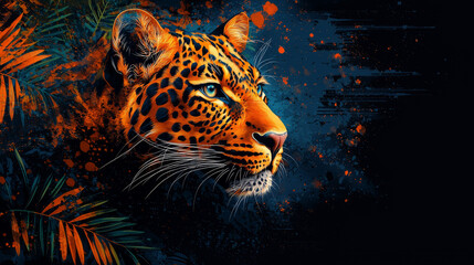 Wall Mural - A close-up of a leopard's face, with a blue and orange color scheme.