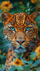 Wall Mural - Close-up portrait of a leopard with piercing blue eyes.