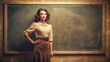 © Olga - Vintage teacher in front of chalkboard, classroom setting with warm tones